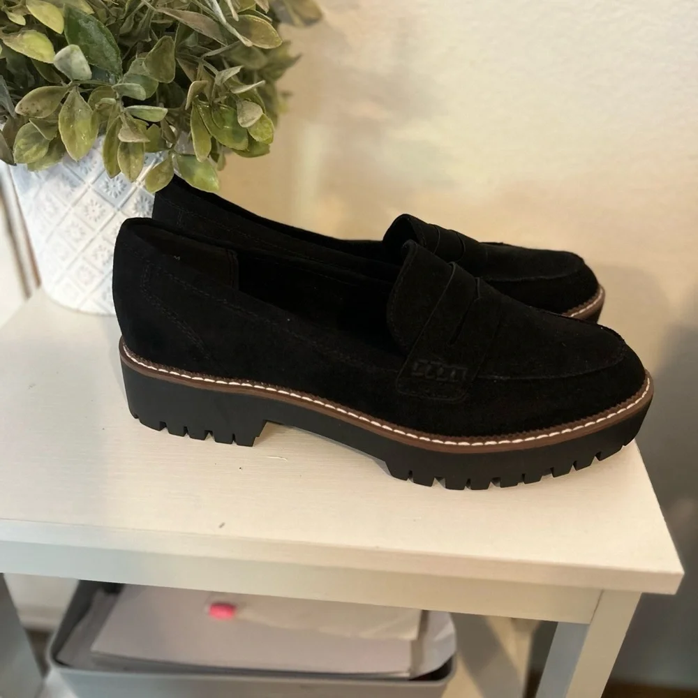 New Jelly Pop chunky Black Suede heel penny loafers women's Size 11
